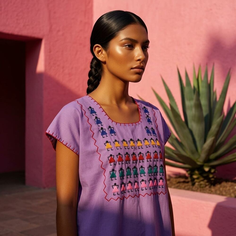 Traditional Mexican Huipil HAND EMBROIDERED – Handmade artisinal Manta Top S M